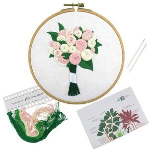 DIY Beginner Embroidery Kit Pink Flower Bouquet